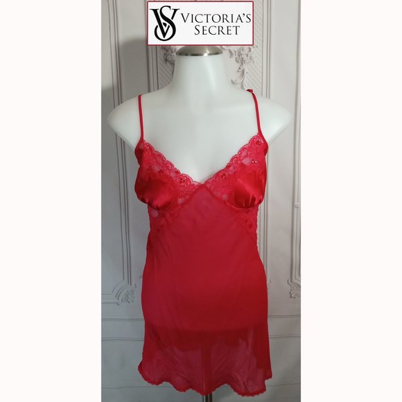 Victoria's Secret Red Silk Sequins Rhinestones Lingerie Hollow Lace & Mesh Sz L - Picture 1 of 7